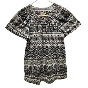 White Stag Blouse Women's Medium Black White Tribal Print Short Sleeve Flowy GUC
